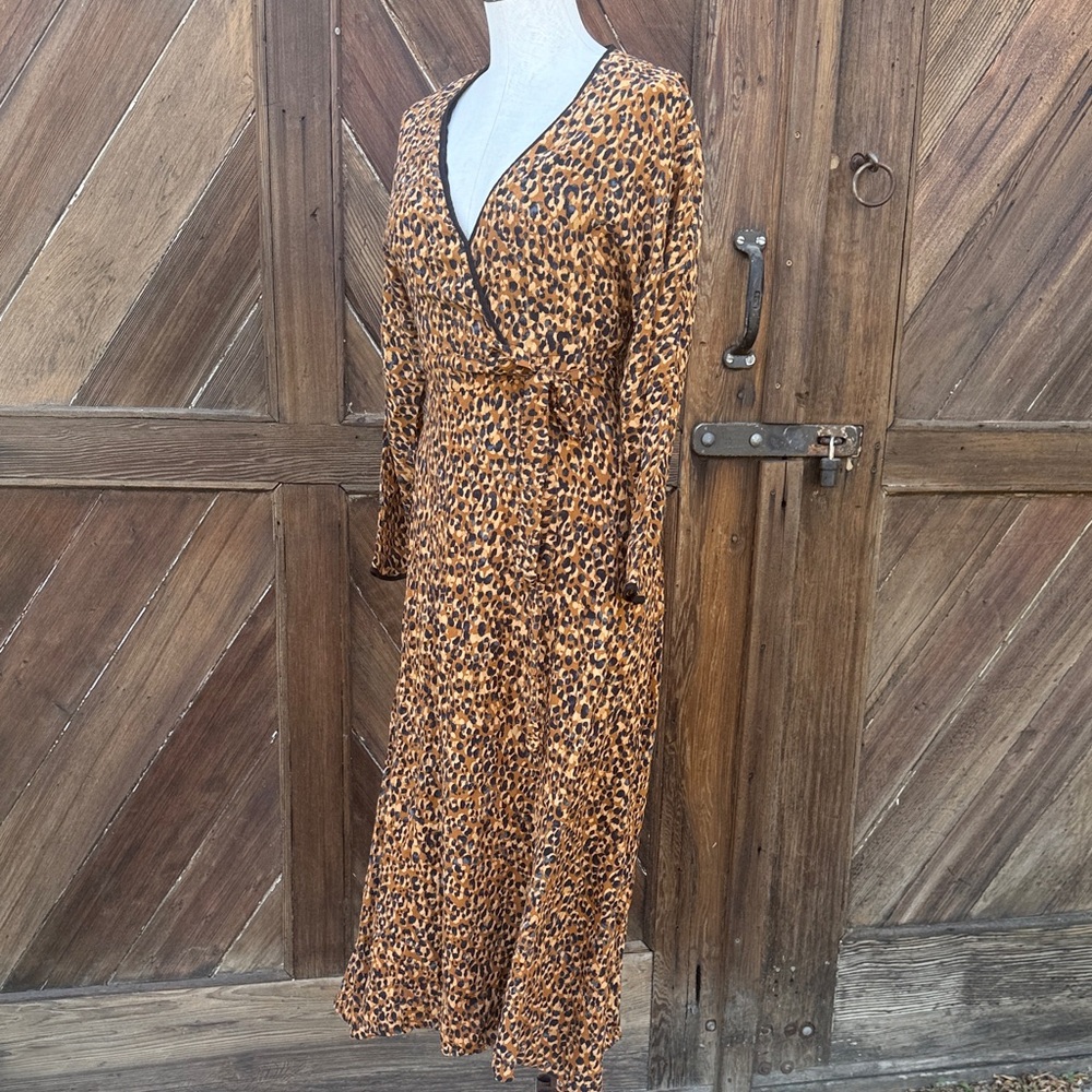 Zara Brown Leopard Long Sleeve Dress ties on the side S - Picture 4 of 12